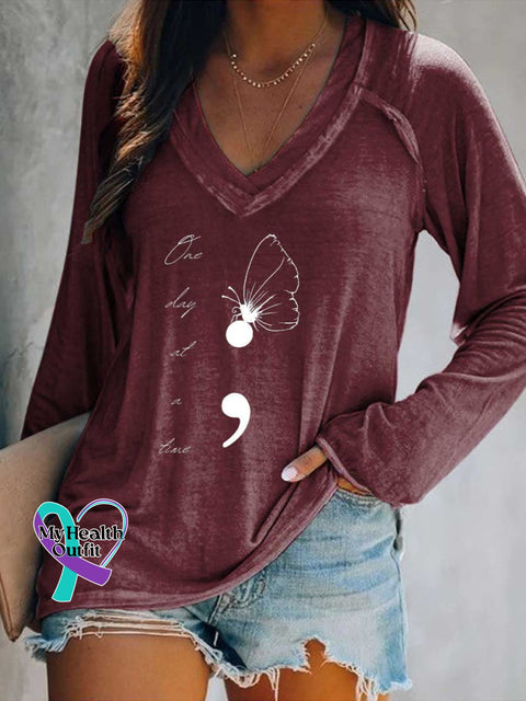 Women’s One Day At A Time Butterfly Colon SUICIDE PREVENTION AWARENESS Print Casual V Neck Long Sleeve Tops Red / S