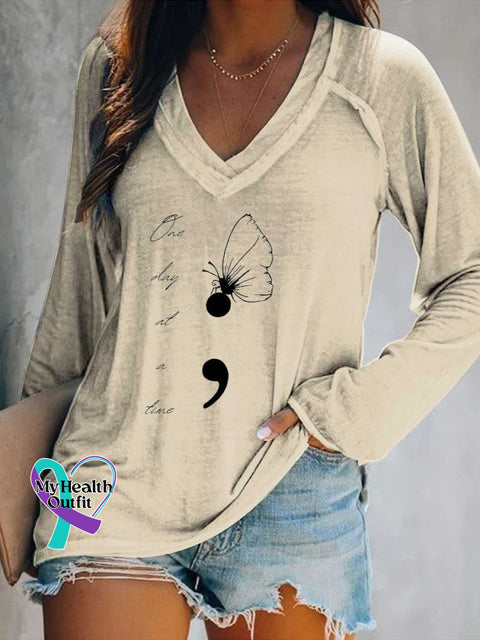 Women’s One Day At A Time Butterfly Colon SUICIDE PREVENTION AWARENESS Print Casual V Neck Long Sleeve Tops Sand / S
