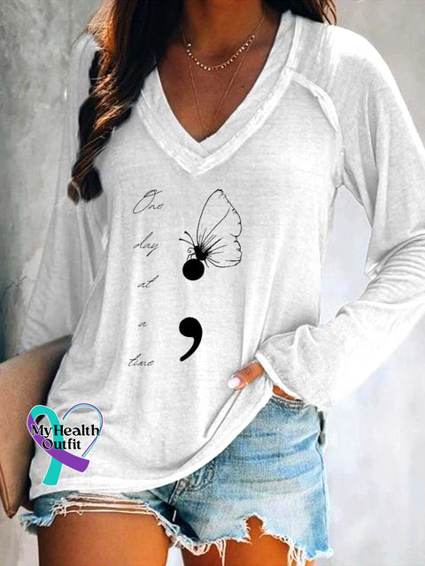 Women’s One Day At A Time Butterfly Colon SUICIDE PREVENTION AWARENESS Print Casual V Neck Long Sleeve Tops White / S