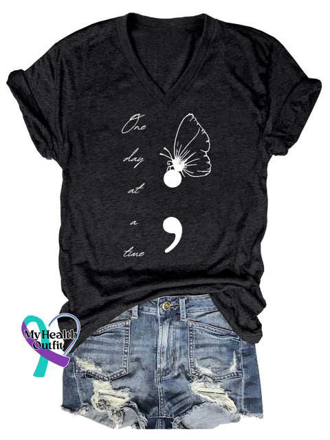 Women’s One Day At A Time Butterfly SUICIDE PREVENTION AWARENESS V-neck Casual T-Shirt Black / S