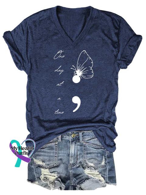 Women’s One Day At A Time Butterfly SUICIDE PREVENTION AWARENESS V-neck Casual T-Shirt Blue / S