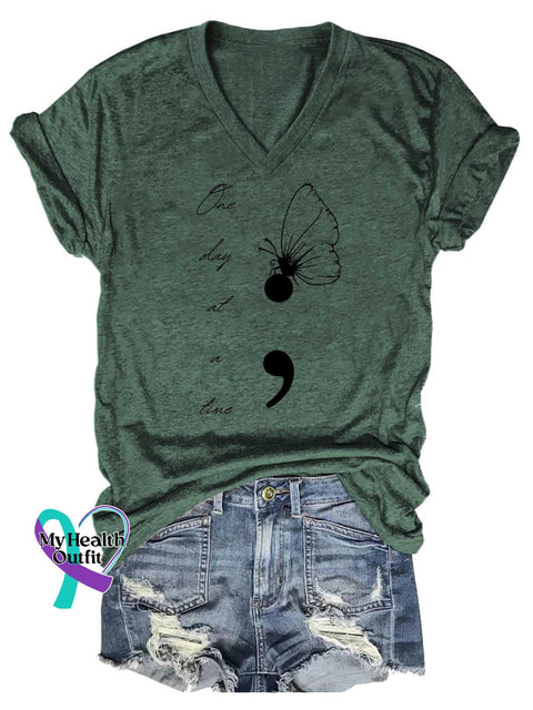 Women’s One Day At A Time Butterfly SUICIDE PREVENTION AWARENESS V-neck Casual T-Shirt Green / S