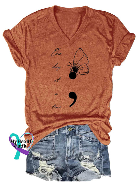 Women’s One Day At A Time Butterfly SUICIDE PREVENTION AWARENESS V-neck Casual T-Shirt Orange / S
