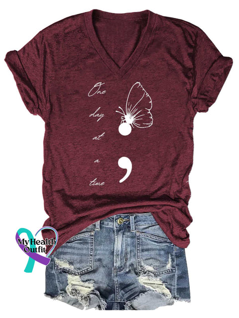 Women’s One Day At A Time Butterfly SUICIDE PREVENTION AWARENESS V-neck Casual T-Shirt Red / S
