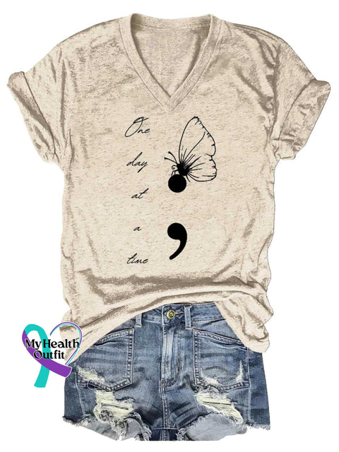 Women’s One Day At A Time Butterfly SUICIDE PREVENTION AWARENESS V-neck Casual T-Shirt Sand / S