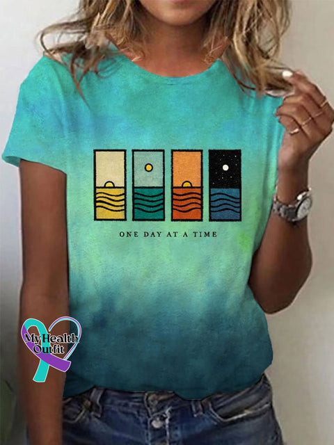 Women’s One Day At A Time Inspirational Quotes Printed T-Shirt Water Blue / S