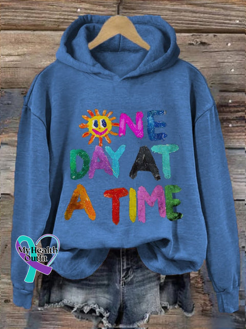 Women’s One Day At A Time Mental Health Printed Hooded Sweatshirt Blue / S