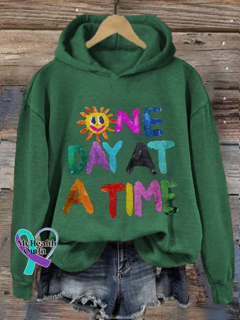 Women’s One Day At A Time Mental Health Printed Hooded Sweatshirt Dark Green / S