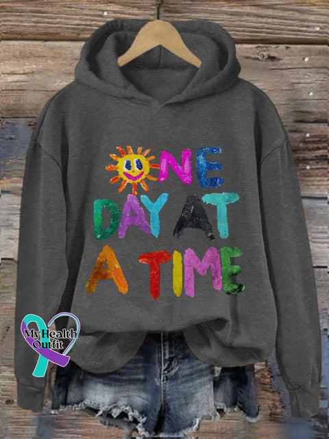 Women’s One Day At A Time Mental Health Printed Hooded Sweatshirt Dark Grey / S