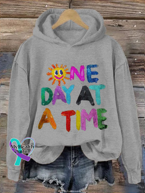 Women’s One Day At A Time Mental Health Printed Hooded Sweatshirt Light Grey / S