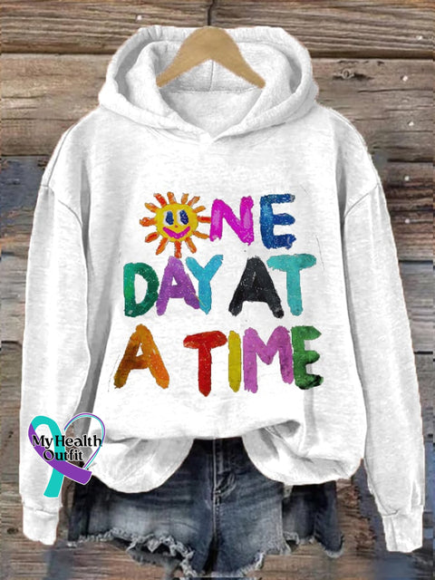 Women’s One Day At A Time Mental Health Printed Hooded Sweatshirt White / S
