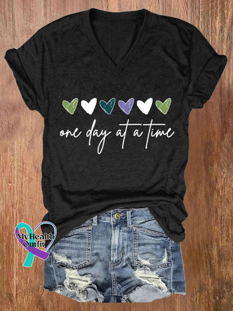 Women’s One Day At A Time Print Casual V Neck T-Shirt Black / S