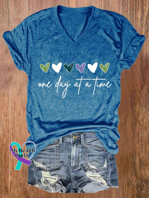 Women’s One Day At A Time Print Casual V Neck T-Shirt Blue / S
