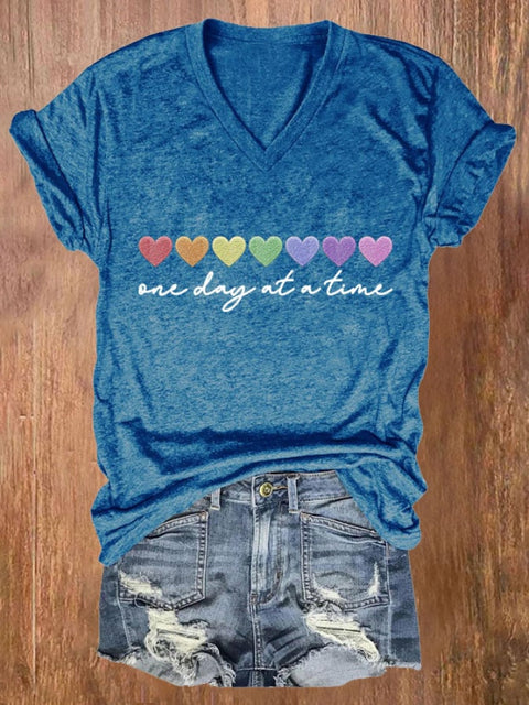 Women’s One Day At A Time Print Casual V Neck T-Shirt Blue / S