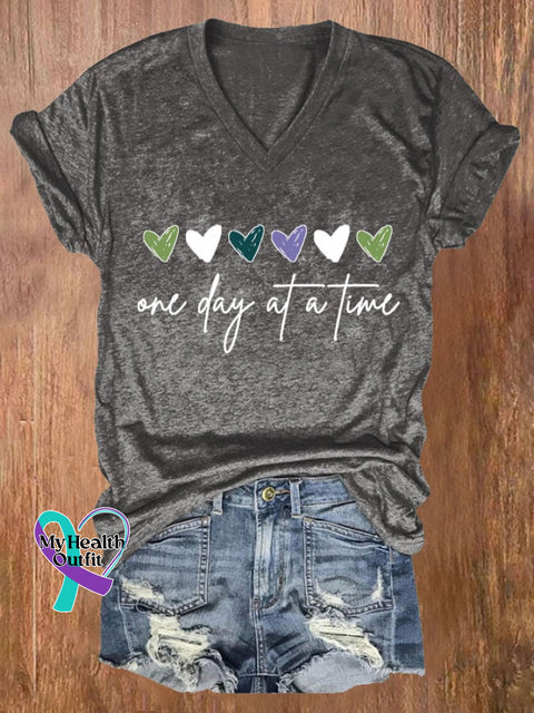 Women’s One Day At A Time Print Casual V Neck T-Shirt Dark Grey / S
