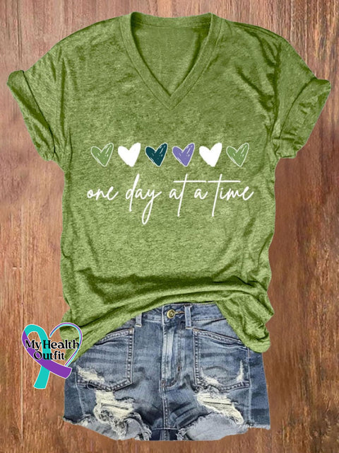 Women’s One Day At A Time Print Casual V Neck T-Shirt Green / S