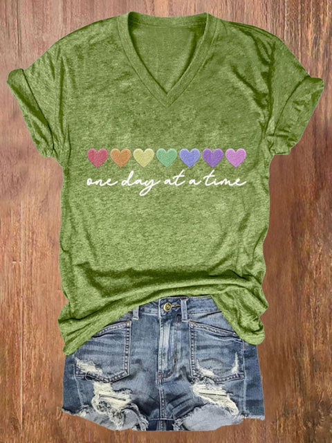 Women’s One Day At A Time Print Casual V Neck T-Shirt Green / S