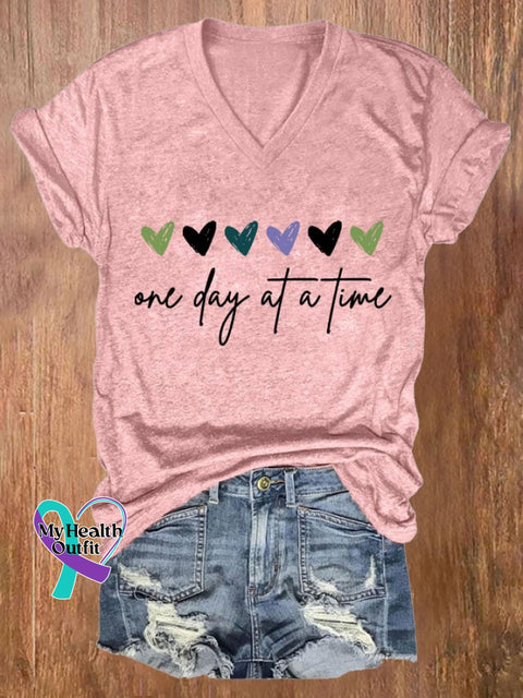 Women’s One Day At A Time Print Casual V Neck T-Shirt Pink / S