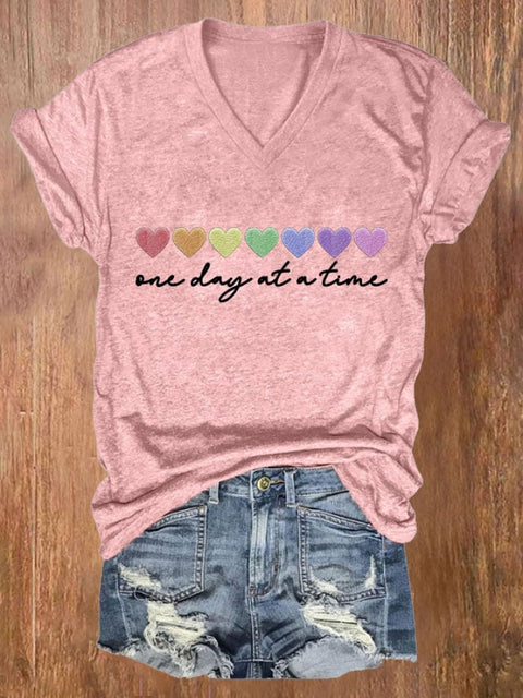Women’s One Day At A Time Print Casual V Neck T-Shirt Pink / S