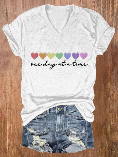Women’s One Day At A Time Print Casual V Neck T-Shirt White / S