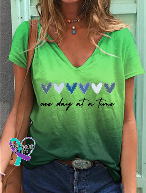 Women’s One Day At A Time Print V Neck T-Shirt Green / S