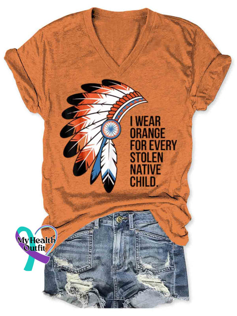 Women’s Orange Shirt Day Art V-neck Casual T-Shirt Multicolor / S