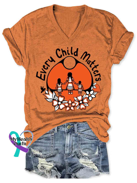 Women’s Orange Shirt Day Art V-neck Casual T-Shirt Multicolor / S