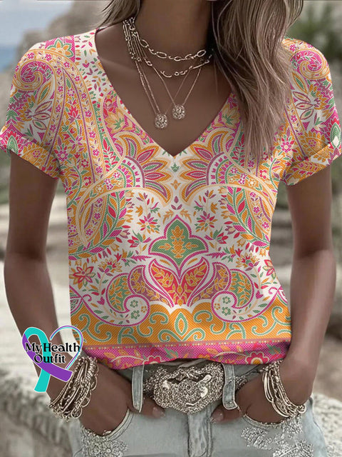 Women’s Paisley Breast Cancer Awareness Floral V-neck Casual T-Shirt Multicolor / S