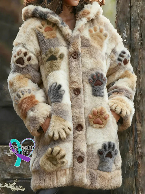 Women’s Paw Pattern Art Print Casual Fleece Coat Multicolor / S
