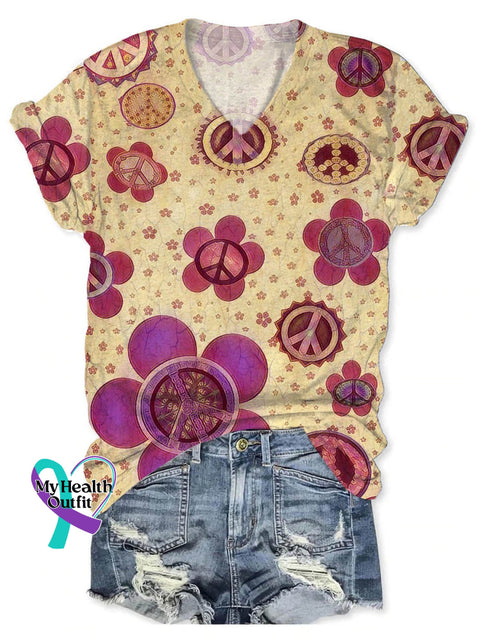 Women’s Peace And Love Art Print V-Neck Casual T-Shirt Multicolor / S