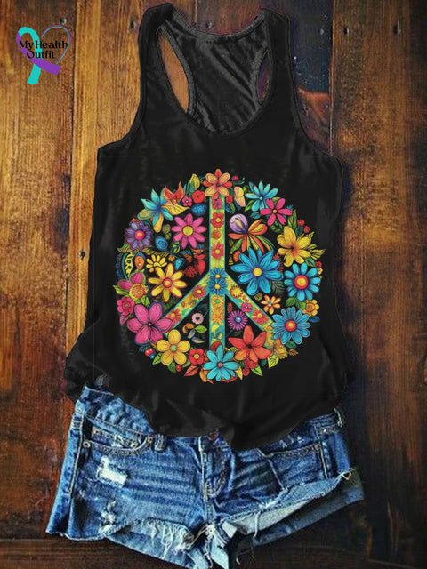 Women’s Peace And Love Flowers Art Print Tank Top Black / S