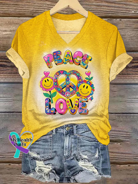 Women’s Peace And Love Pattern V-neck Casual Cotton T-Shirt Yellow / S