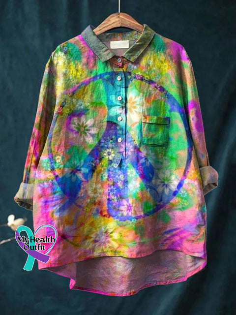 Women’s Peace And Love Tie-Dye Flower Art Print Cotton Linen Shirt Multicolor / S