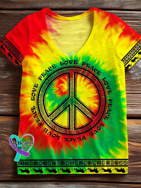 Women’s Peace And Love Tie Dye Pattern V-neck Casual Cotton T-Shirt Multicolor / S