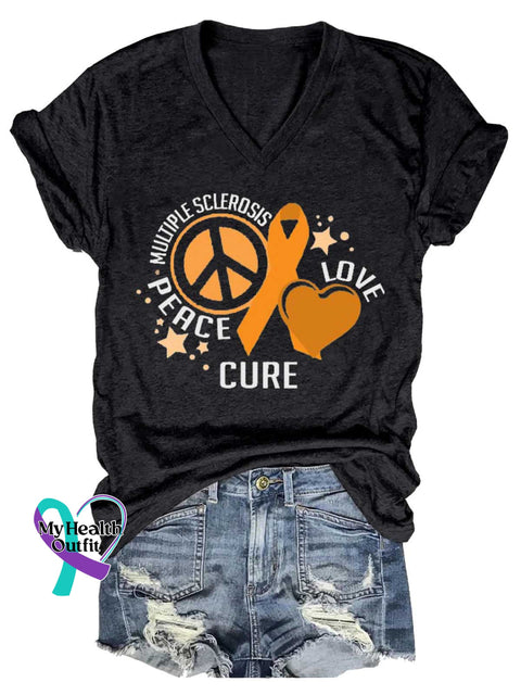Women’s Peace Cure Love Peace Sign Ms Awareness Multiple Sclerosis Warrior Multiple Sclerosis Orange Ribbon V-neck