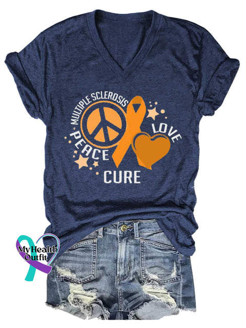 Women’s Peace Cure Love Peace Sign Ms Awareness Multiple Sclerosis Warrior Multiple Sclerosis Orange Ribbon V-neck