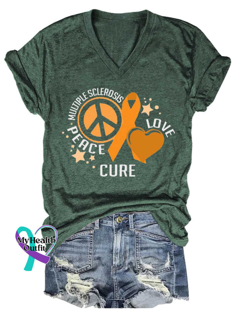 Women’s Peace Cure Love Peace Sign Ms Awareness Multiple Sclerosis Warrior Multiple Sclerosis Orange Ribbon V-neck