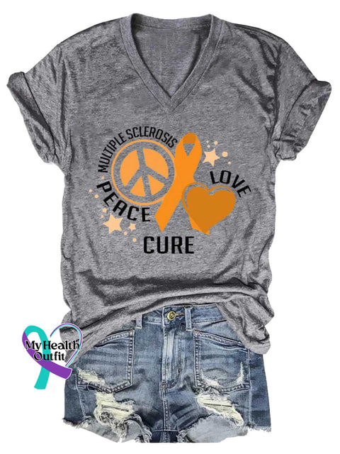 Women’s Peace Cure Love Peace Sign Ms Awareness Multiple Sclerosis Warrior Multiple Sclerosis Orange Ribbon V-neck