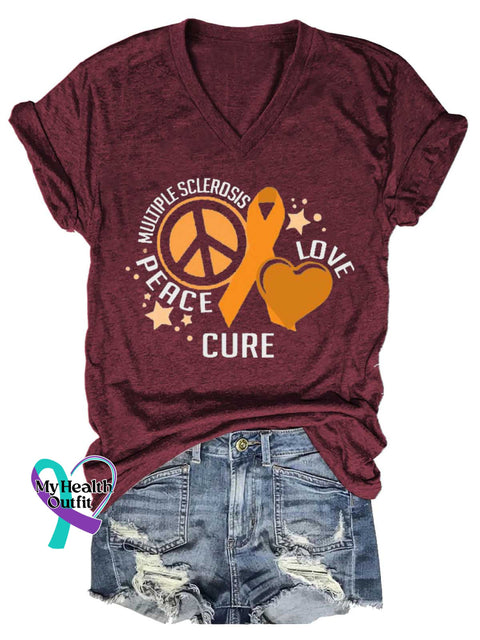 Women’s Peace Cure Love Peace Sign Ms Awareness Multiple Sclerosis Warrior Multiple Sclerosis Orange Ribbon V-neck