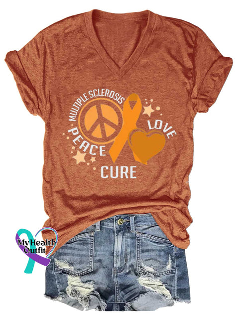 Women’s Peace Cure Love Peace Sign Ms Awareness Multiple Sclerosis Warrior Multiple Sclerosis Orange Ribbon V-neck