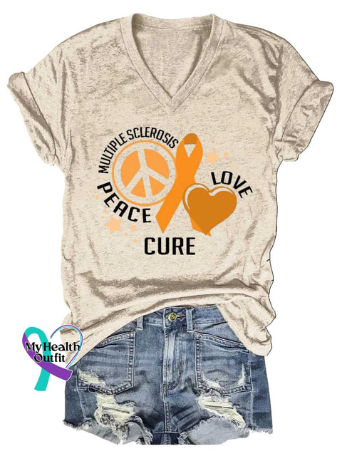 Women’s Peace Cure Love Peace Sign Ms Awareness Multiple Sclerosis Warrior Multiple Sclerosis Orange Ribbon V-neck