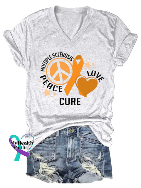 Women’s Peace Cure Love Peace Sign Ms Awareness Multiple Sclerosis Warrior Multiple Sclerosis Orange Ribbon V-neck