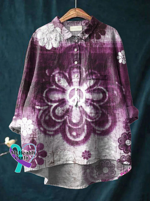 Women’s Peace Hippie Print Casual Cotton And Linen Shirt Multicolor / S