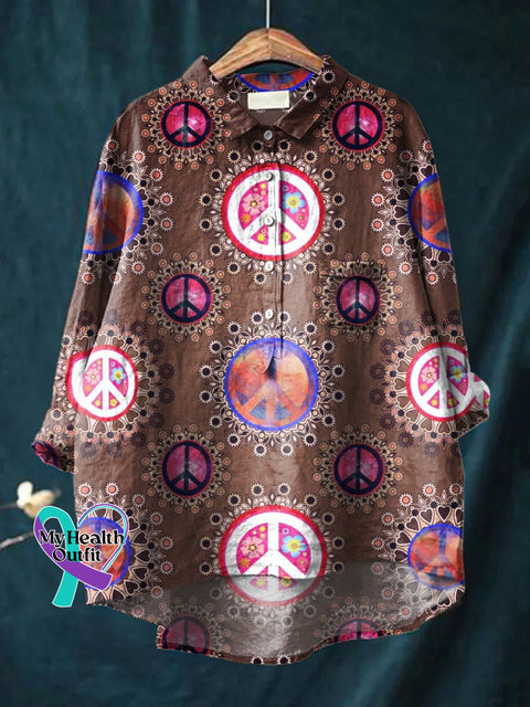 Women’s Peace Hippie Print Casual Cotton And Linen Shirt Multicolor / S