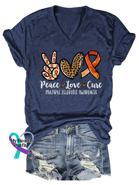 Women’s Peace Love Cure Ms Awareness Multiple Sclerosis Warrior Multiple Sclerosis Orange Ribbon V-neck Casual T-Shirt