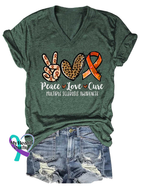 Women’s Peace Love Cure Ms Awareness Multiple Sclerosis Warrior Multiple Sclerosis Orange Ribbon V-neck Casual T-Shirt