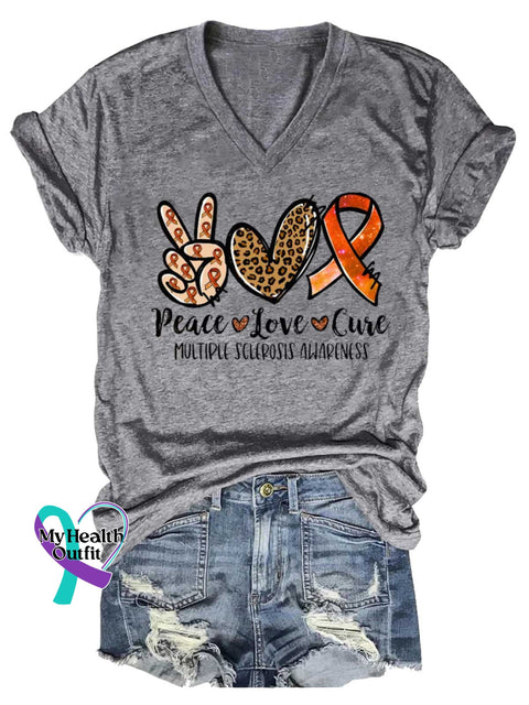Women’s Peace Love Cure Ms Awareness Multiple Sclerosis Warrior Multiple Sclerosis Orange Ribbon V-neck Casual T-Shirt