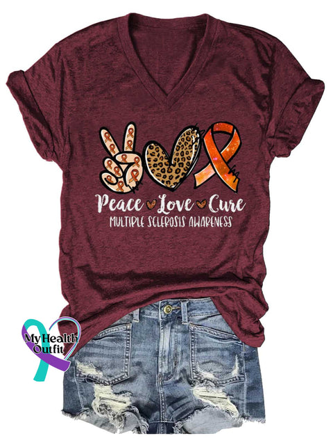 Women’s Peace Love Cure Ms Awareness Multiple Sclerosis Warrior Multiple Sclerosis Orange Ribbon V-neck Casual T-Shirt