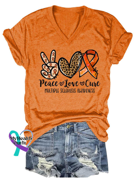 Women’s Peace Love Cure Ms Awareness Multiple Sclerosis Warrior Multiple Sclerosis Orange Ribbon V-neck Casual T-Shirt