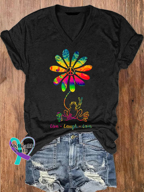 Women’s Peace Love Frog Hippie Flower Daisy Print T-Shirt Black / S